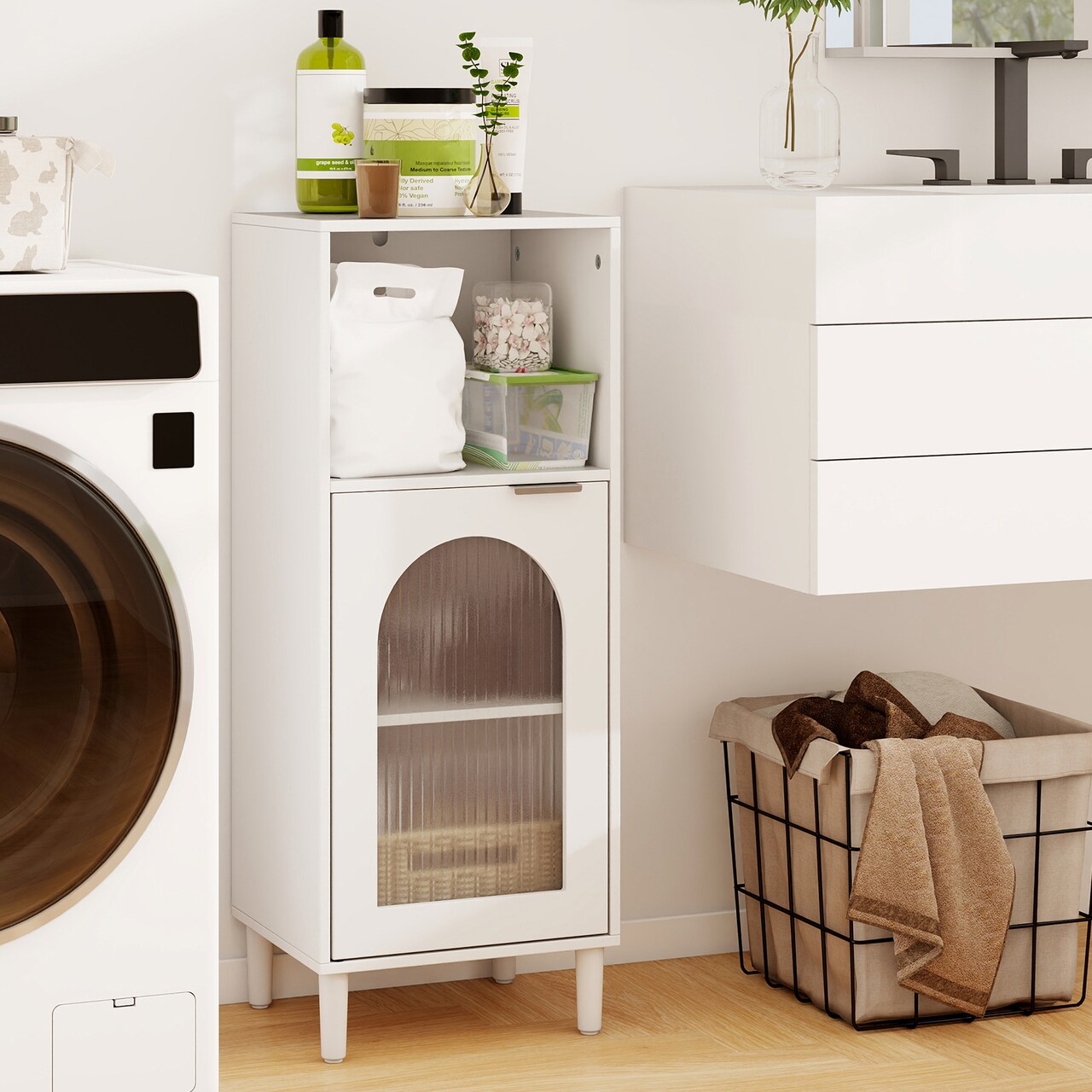 White Bathroom Storage Cabinet with Tempered Glass Door and Adjustable Shelves, Solid Wood Legs